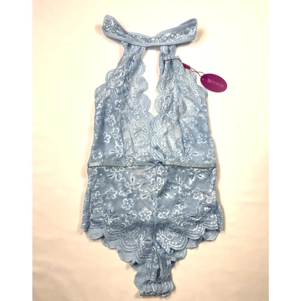 NWT AvidLove Sexy Blue Lace Lingerie Bodysuit with Intricate Floral Design